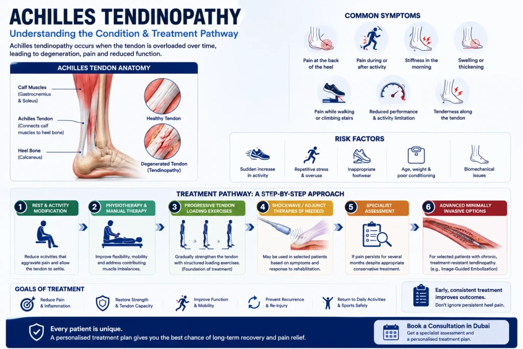 Medical illustration showing Achilles tendinopathy symptoms and treatment options