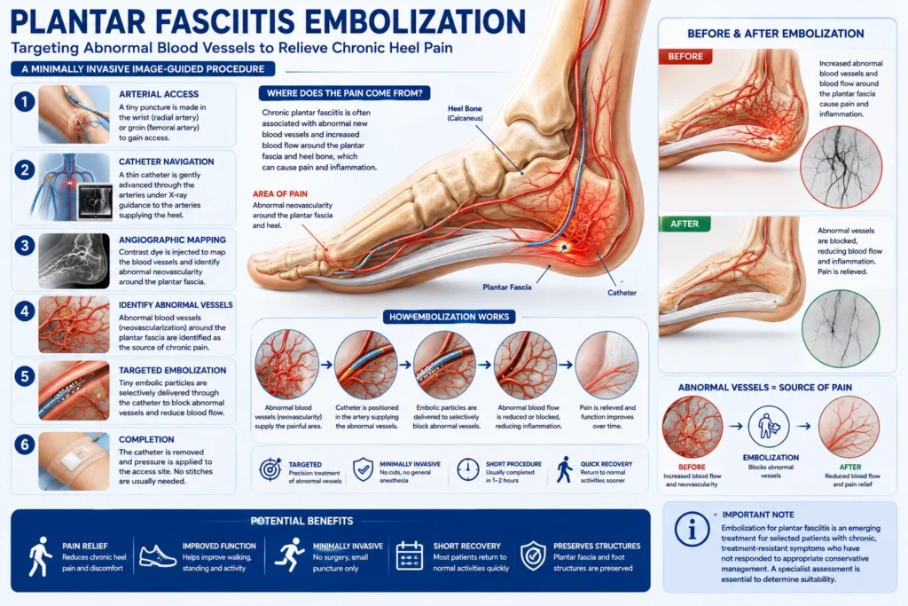 Plantar fasciitis embolization procedure targeting abnormal blood vessels in the heel