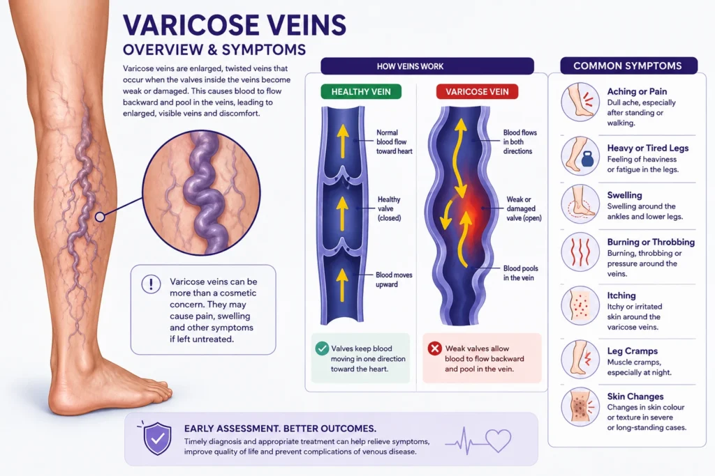 Varicose veins treatment in Dubai showing enlarged leg veins and venous reflux