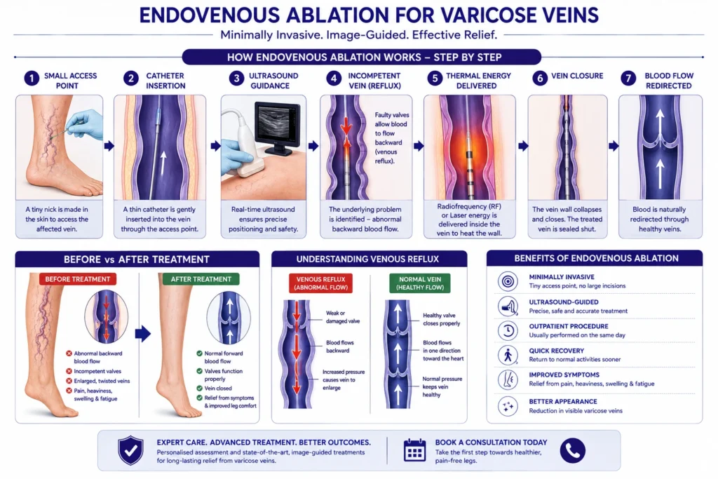 Endovenous ablation procedure treating varicose veins and venous reflux in Dubai