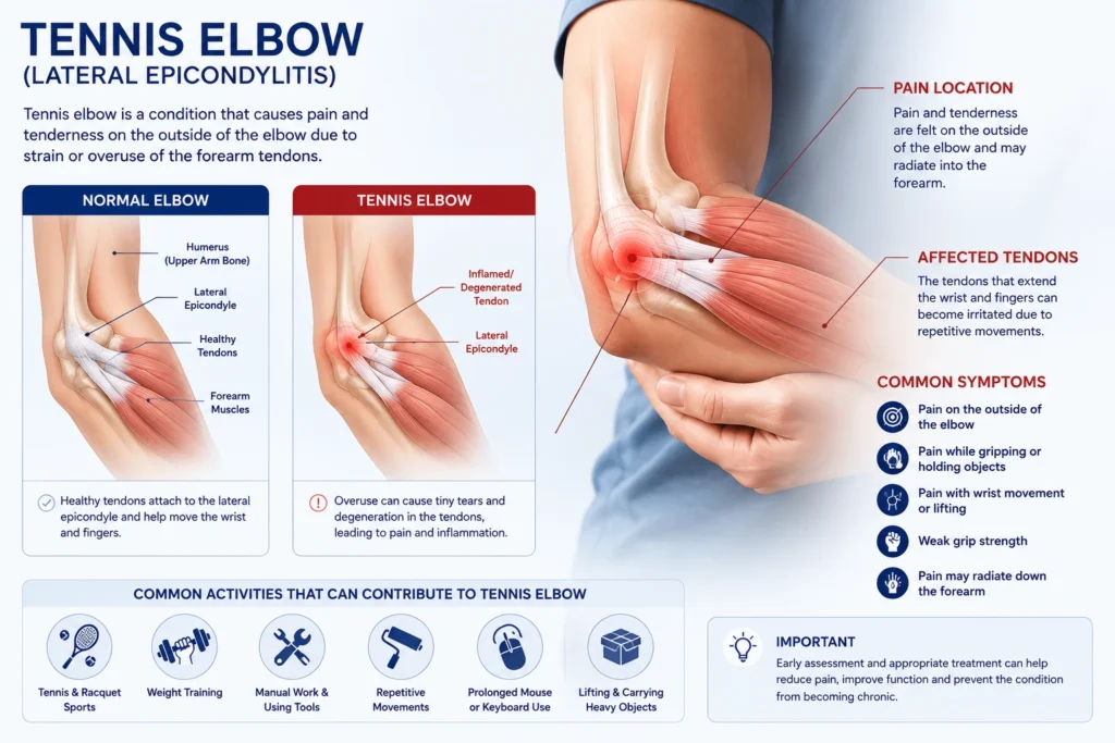 Tennis elbow anatomy showing pain and affected forearm tendon
