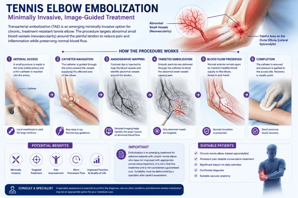 Tennis elbow embolization procedure using image-guided vascular treatment