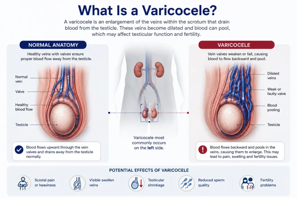 Medical illustration showing enlarged testicular veins causing varicocele