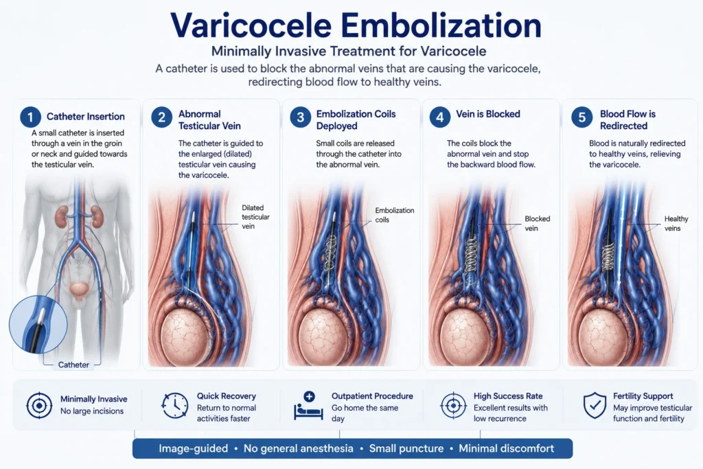 Varicocele embolization procedure using a catheter and coils to block abnormal testicular veins