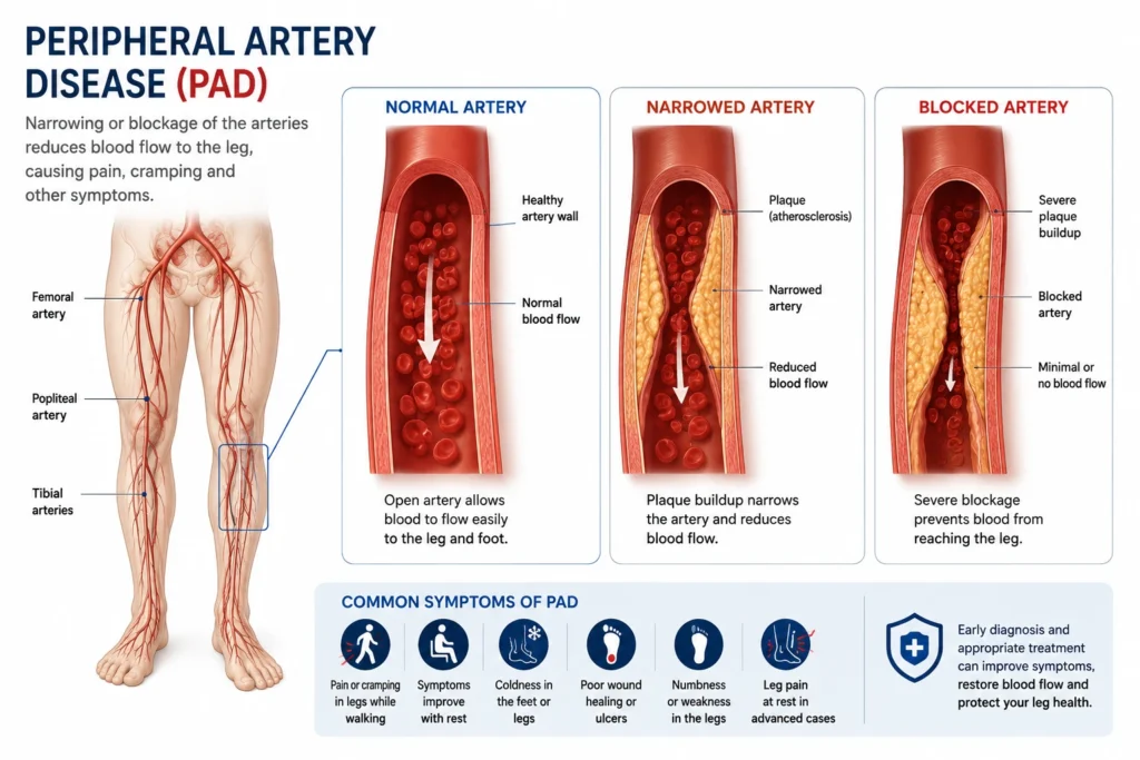 Medical illustration showing narrowed leg arteries caused by Peripheral Artery Disease