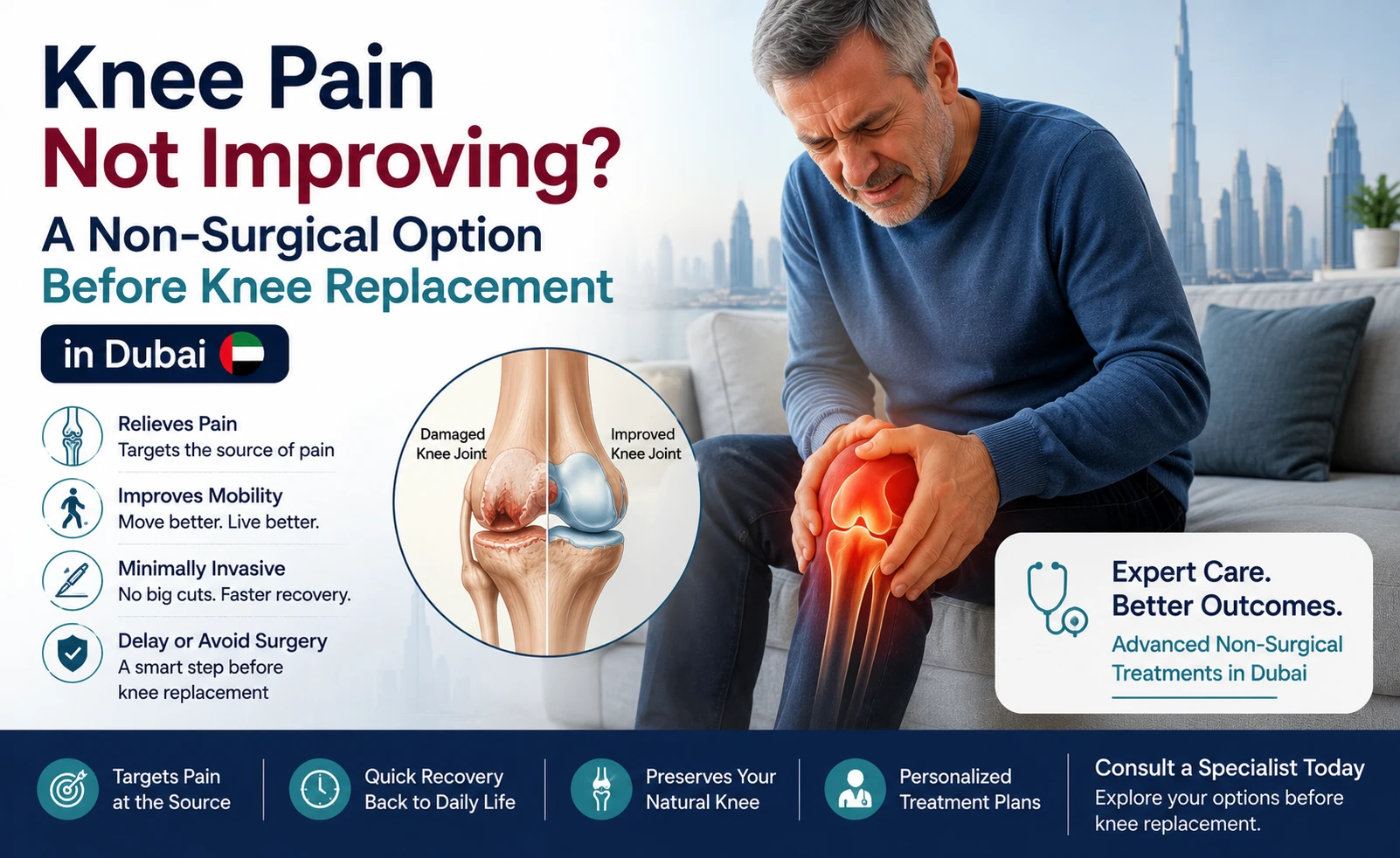 General orthopedic consultations for knee pain in Dubai often start from around AED 250, though GAE itself is priced individually based on case complexity. Book a consultation with Dr. Alvi's clinic for an accurate estimate specific to GAE.